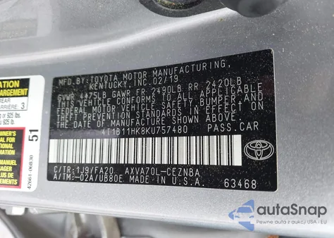 2019 Toyota Camry Le из США, поврежденный, VIN 4T1B11HK8KU757480